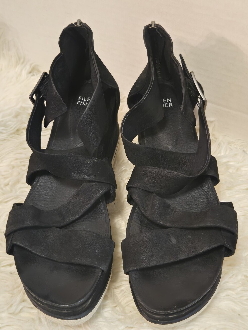 Eileen Fisher Black Suede Platform Sandal with White Rubber Sole